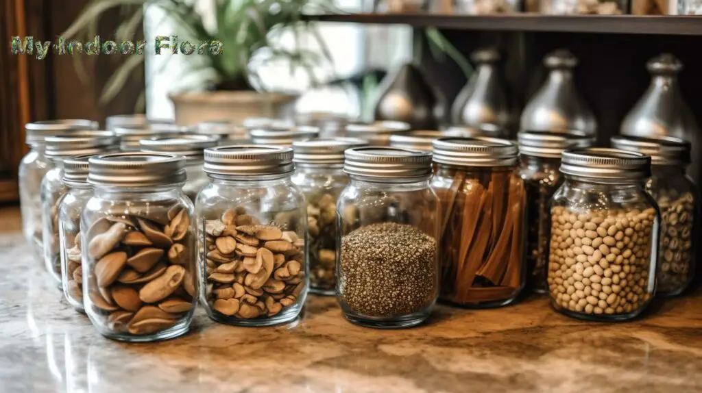 seeds or bulbs stored in glass jars or metal