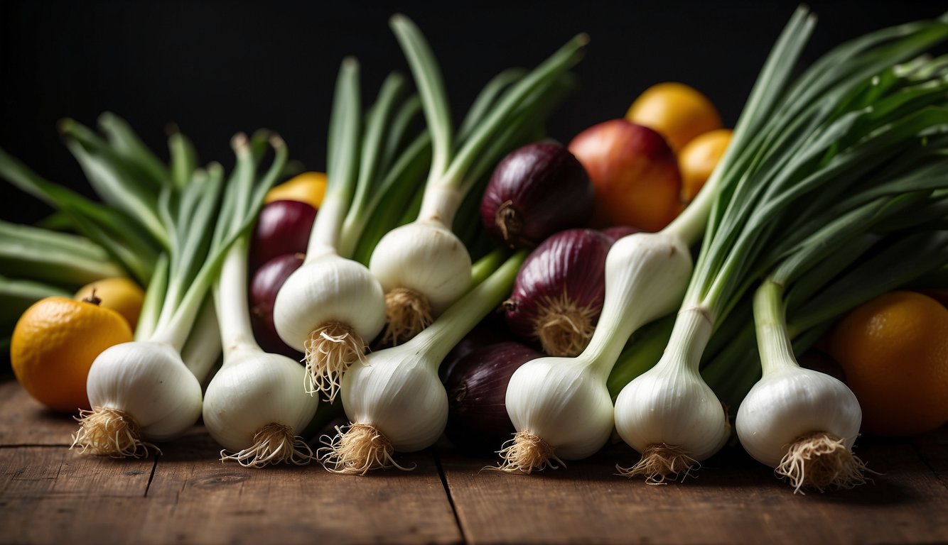 A variety of fresh green onions, along with other fruits and vegetables, are neatly arranged on a wooden table, ready to be regrown