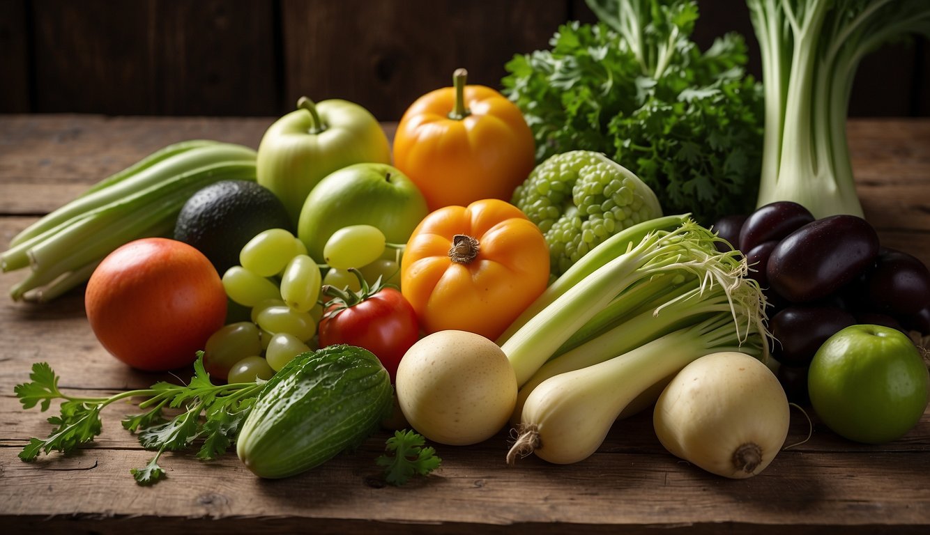 A variety of fruits and vegetables, including celery, are laid out on a wooden table, with their roots intact and ready to be regrown