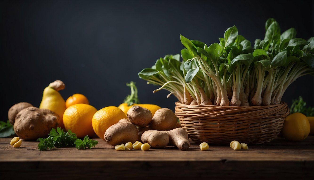 A table with ginger, fruits, and veggies. Sprouting roots and new growth from the produce. Bright colors and fresh appearance