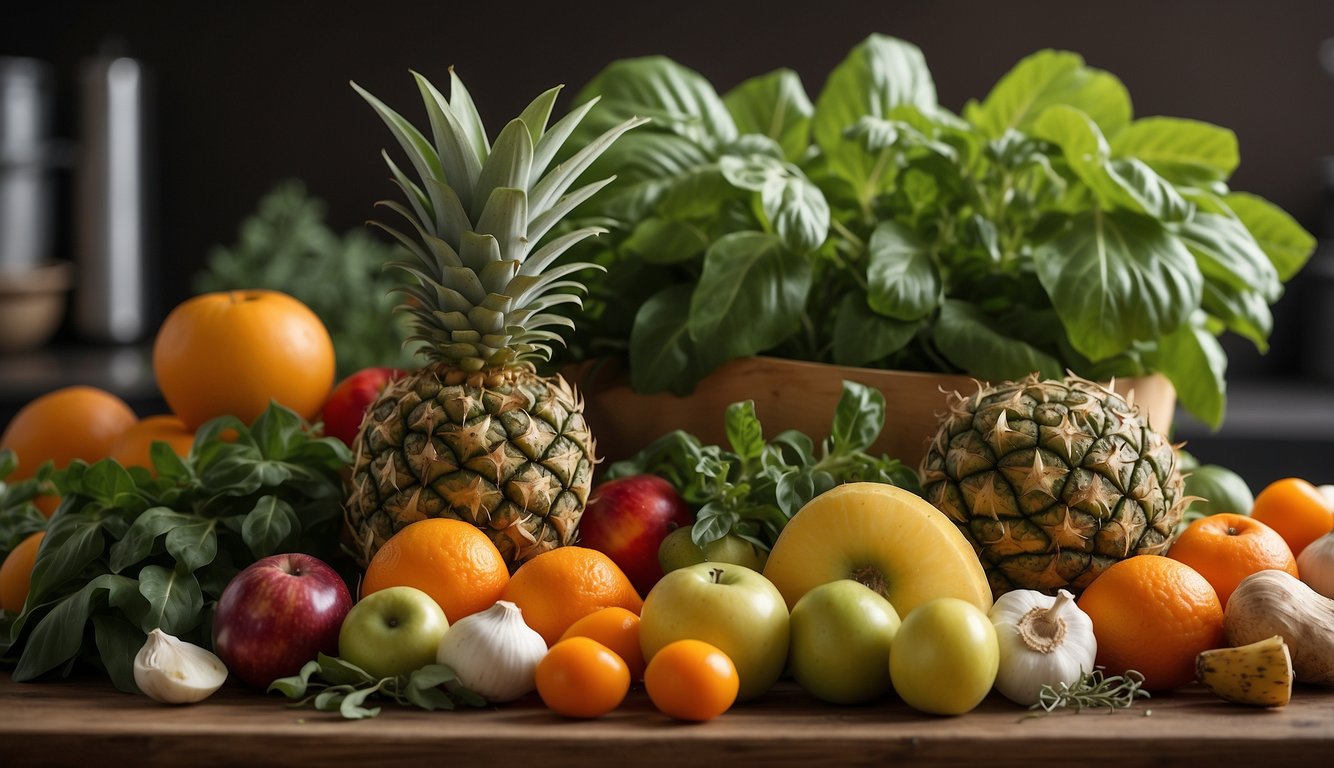 A basil plant surrounded by various fruit and vegetable scraps, such as a pineapple crown, carrot tops, and garlic cloves, arranged on a tabletop