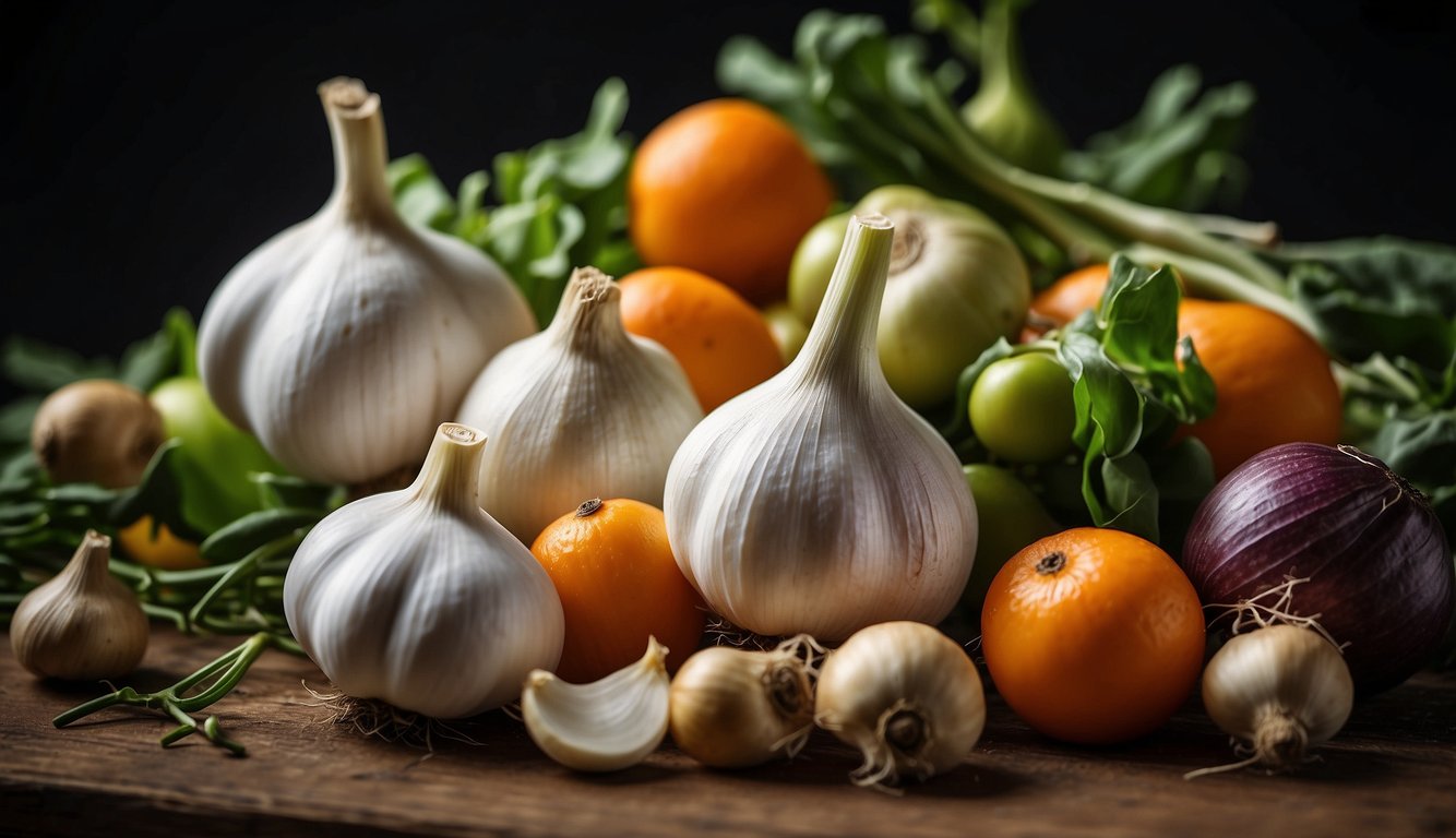 A Variety Of Garlic Bulbs And A Selection Of Fruits And Vegetables Arranged On A Table, With Sprouts Emerging From The Tops Of Some Of Them