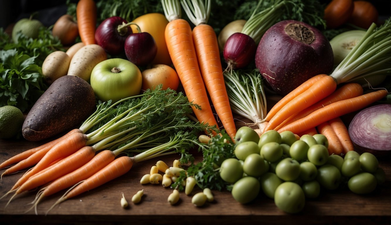 A variety of carrots, along with other fruits and vegetables, are arranged neatly on a countertop, ready to be regrown