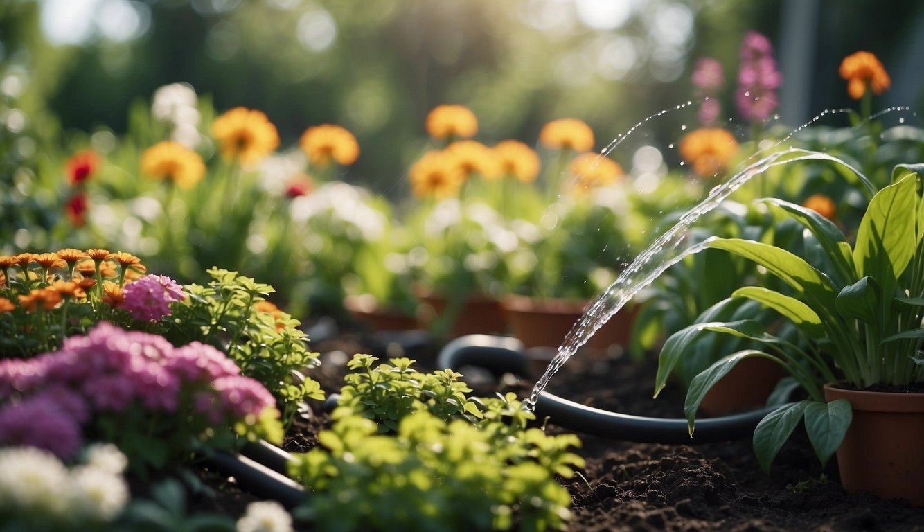 A garden with a drip irrigation system, water flowing through hoses and emitters, surrounded by lush, healthy plants and flowers