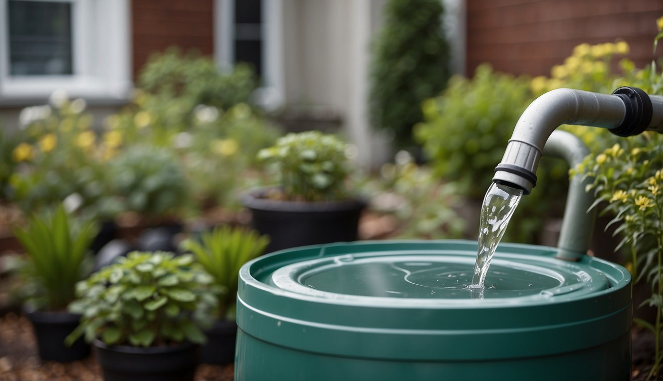 Rain Barrels Fill With Rainwater From Downspouts. A Hose Connects To The Barrel's Spigot, Watering Plants In A Home Garden