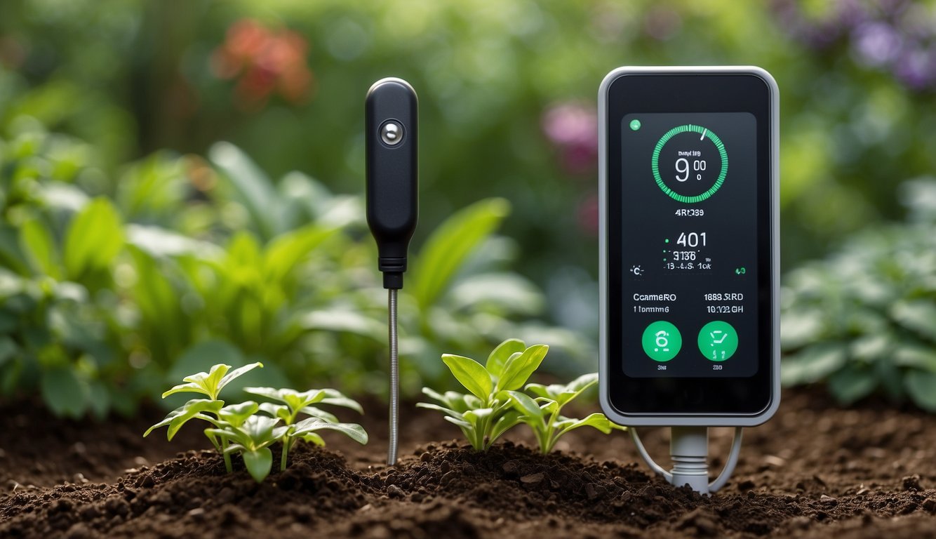 A soil moisture sensor is placed in a garden bed, surrounded by lush green plants. It is connected to a smart watering system, with a small amount of water being released onto the soil