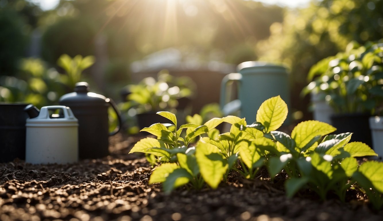 Lush Garden With Mulch Beds, Water Cans, And Drip Irrigation System. Sunlight Filters Through Leaves. Garden Tools Scattered Nearby