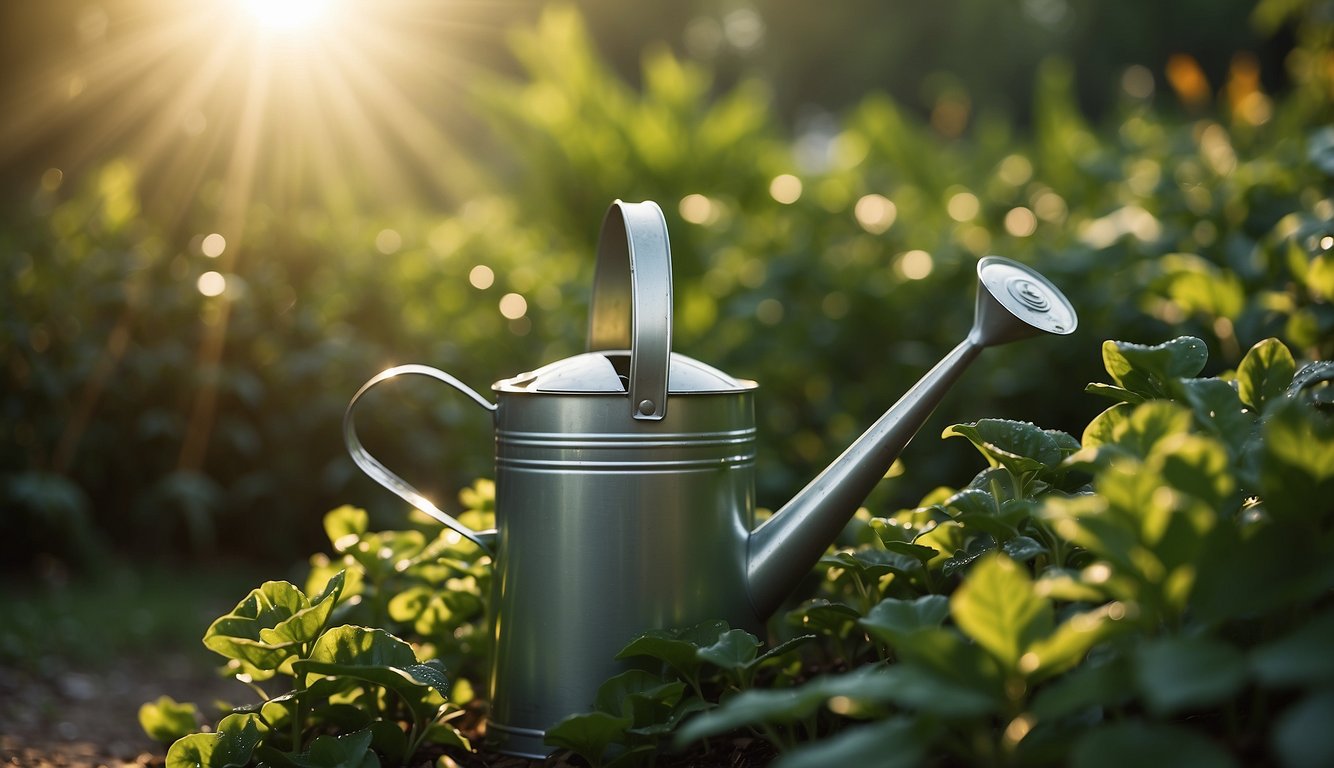 The sun rises over a lush garden, dew glistening on the leaves. A watering can sits nearby, ready for use. The air is cool and fresh, promising a new day of growth