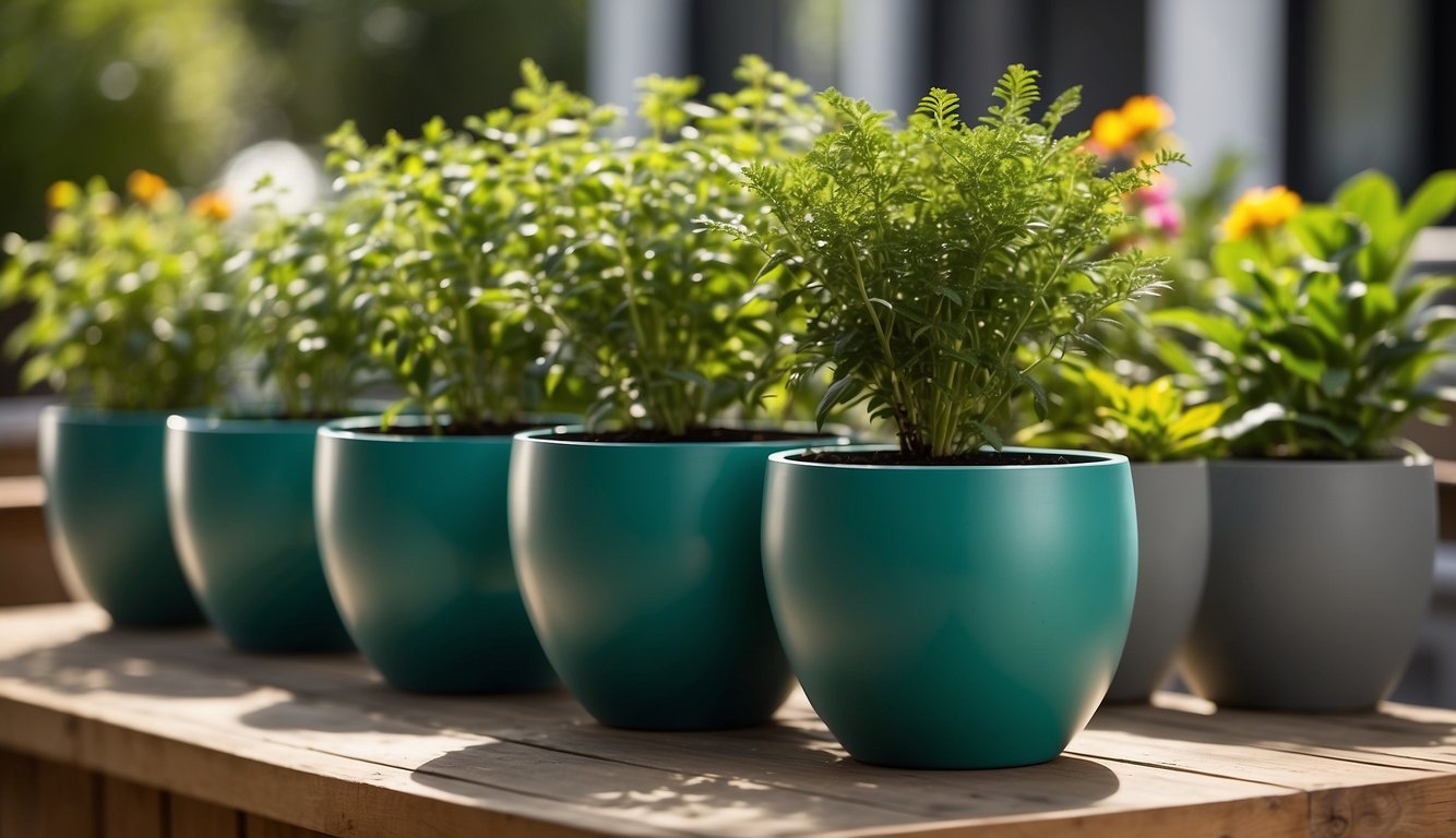 A row of self-watering planters line a sunny patio, each filled with vibrant green plants. A small water reservoir at the base of each planter ensures that the plants are consistently hydrated