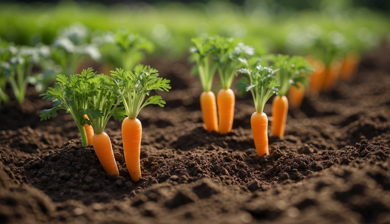 Lush green carrot plants thrive in rich, dark clay soil. The vibrant orange roots peek out from the earth, surrounded by healthy green foliage