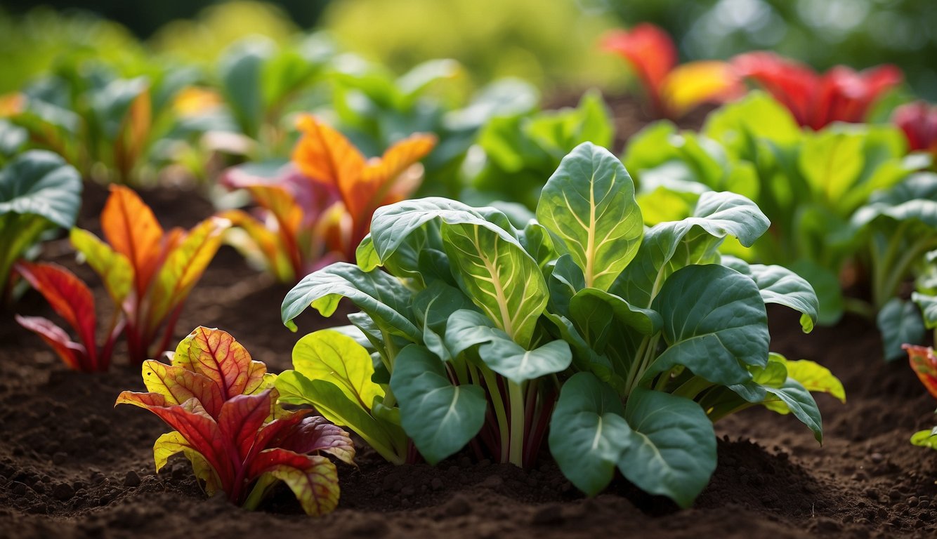 A lush garden bed with vibrant Swiss chard plants thriving in clay soil. Rich, green leaves and colorful stems create a visually appealing scene