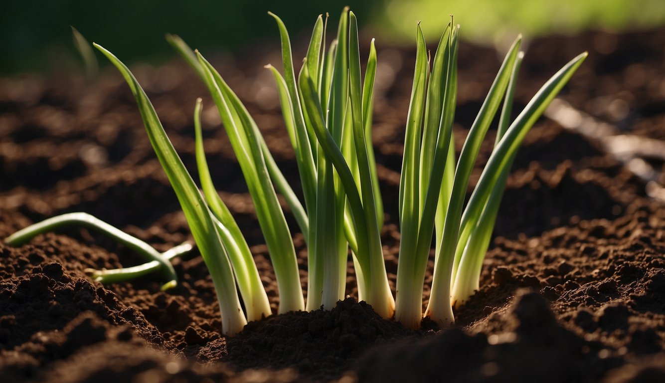 Lush green onions thrive in rich clay soil, their long, slender stalks reaching towards the sun. The soil is dark and moist, perfect for growing these hearty vegetables