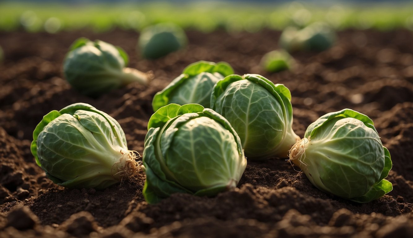 Lush green Brussels sprouts thrive in rich clay soil, their sturdy stalks reaching towards the sky. Surrounding them, other hearty vegetables like carrots and potatoes also flourish in the nutrient-dense earth