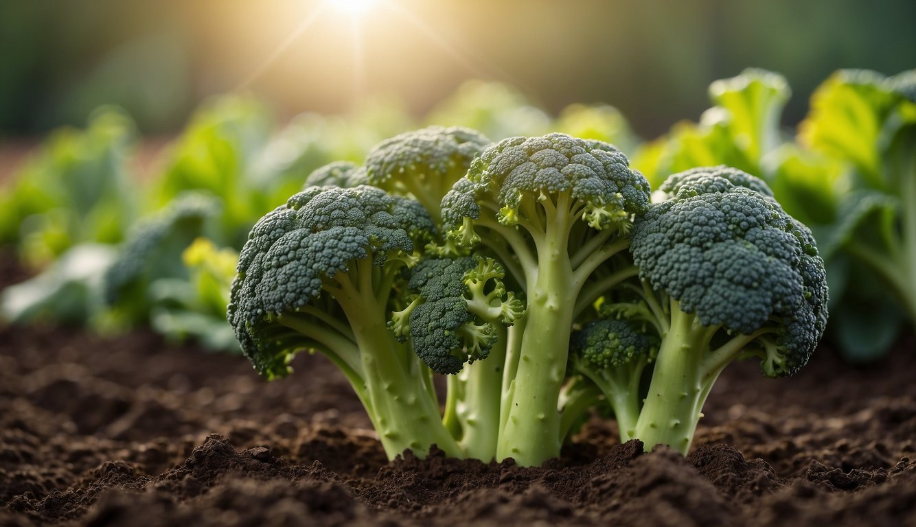 Lush green broccoli plants thrive in rich clay soil, their vibrant leaves reaching towards the sun. The sturdy stalks and florets showcase the vegetable's resilience and nutritional value