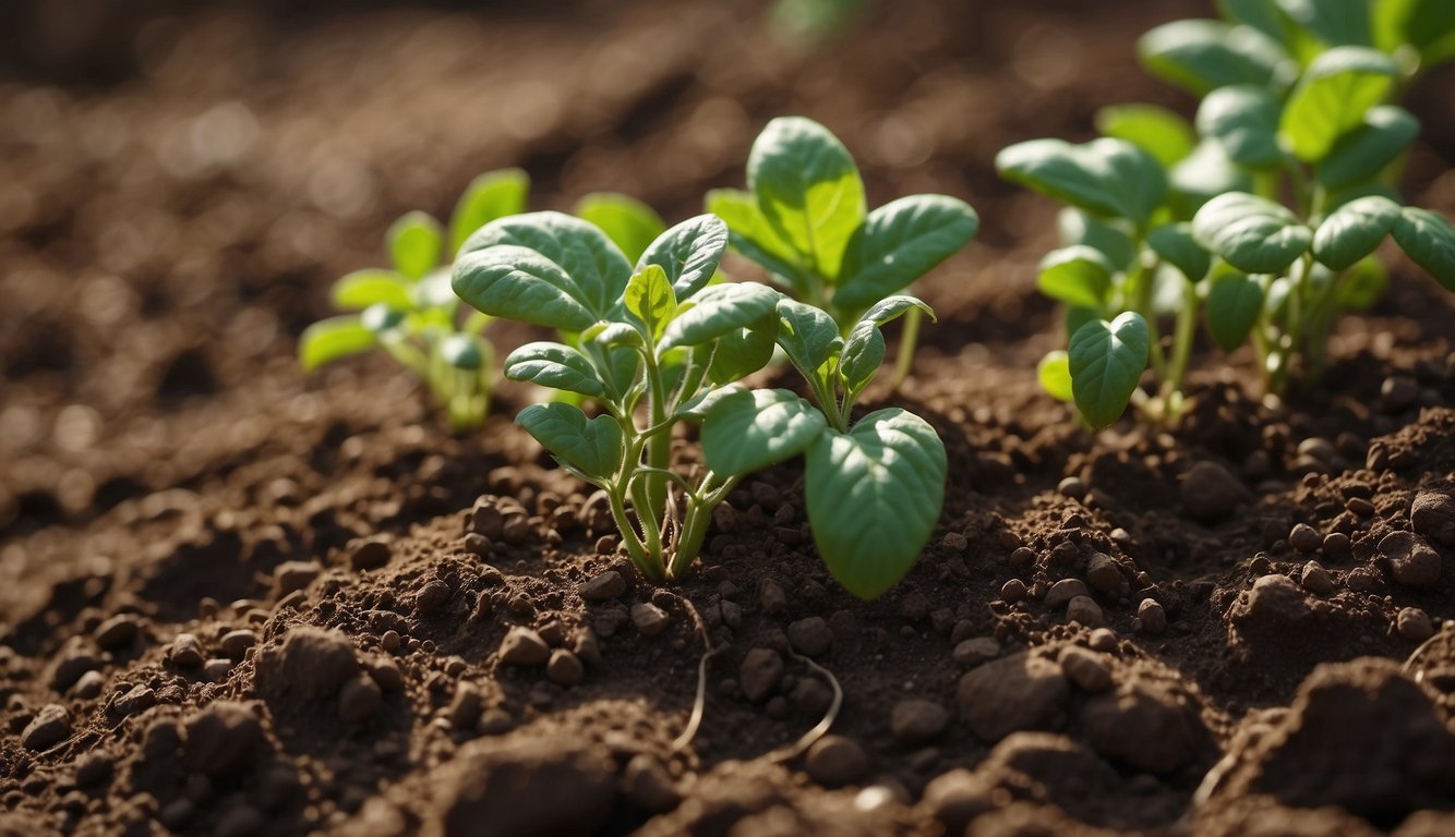 Lush Green Potato Plants Thrive In Rich Clay Soil, With Tubers Visible Beneath The Surface. Rich, Dark Earth Surrounds The Plants, With Small Rocks And Clumps Of Dirt Scattered Throughout