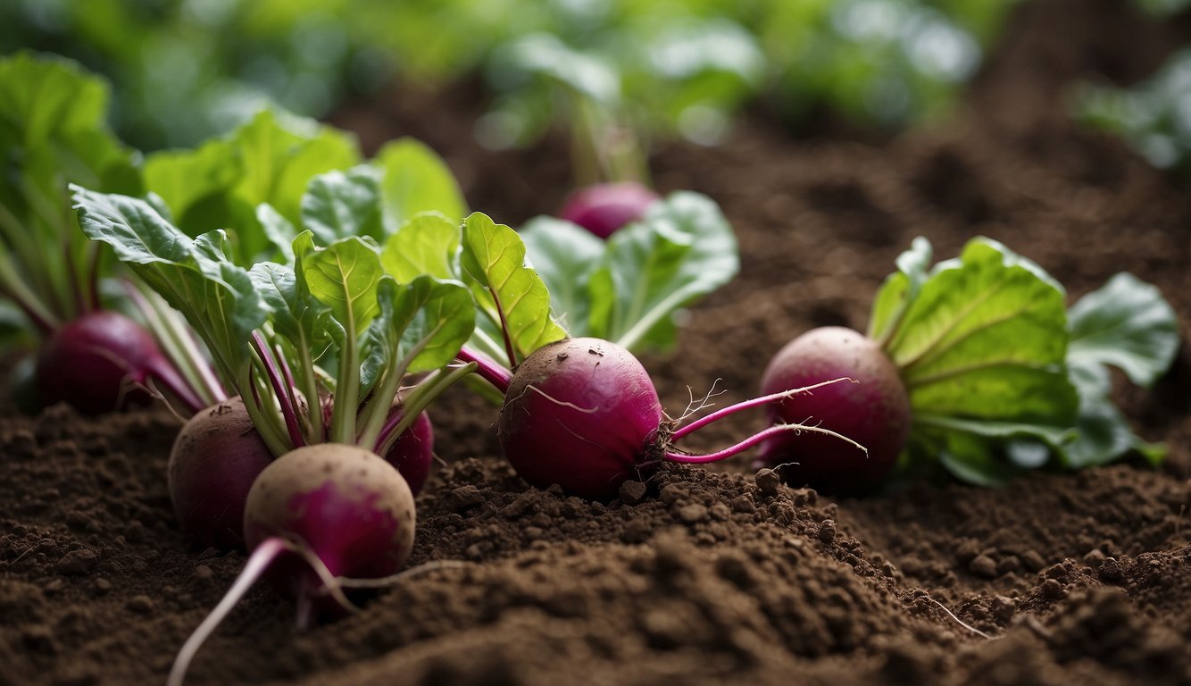 Lush Garden With Vibrant Beets Flourishing In Clay Soil. Rich, Earthy Tones And Hearty Leaves Contrast With The Dark, Compacted Earth