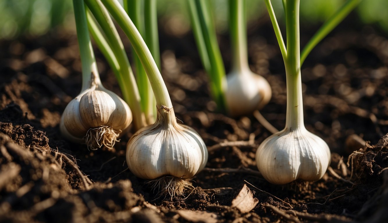 Garlic bulbs pulled from the ground prematurely, still small and underdeveloped. Green shoots and roots are visible, indicating the premature harvest